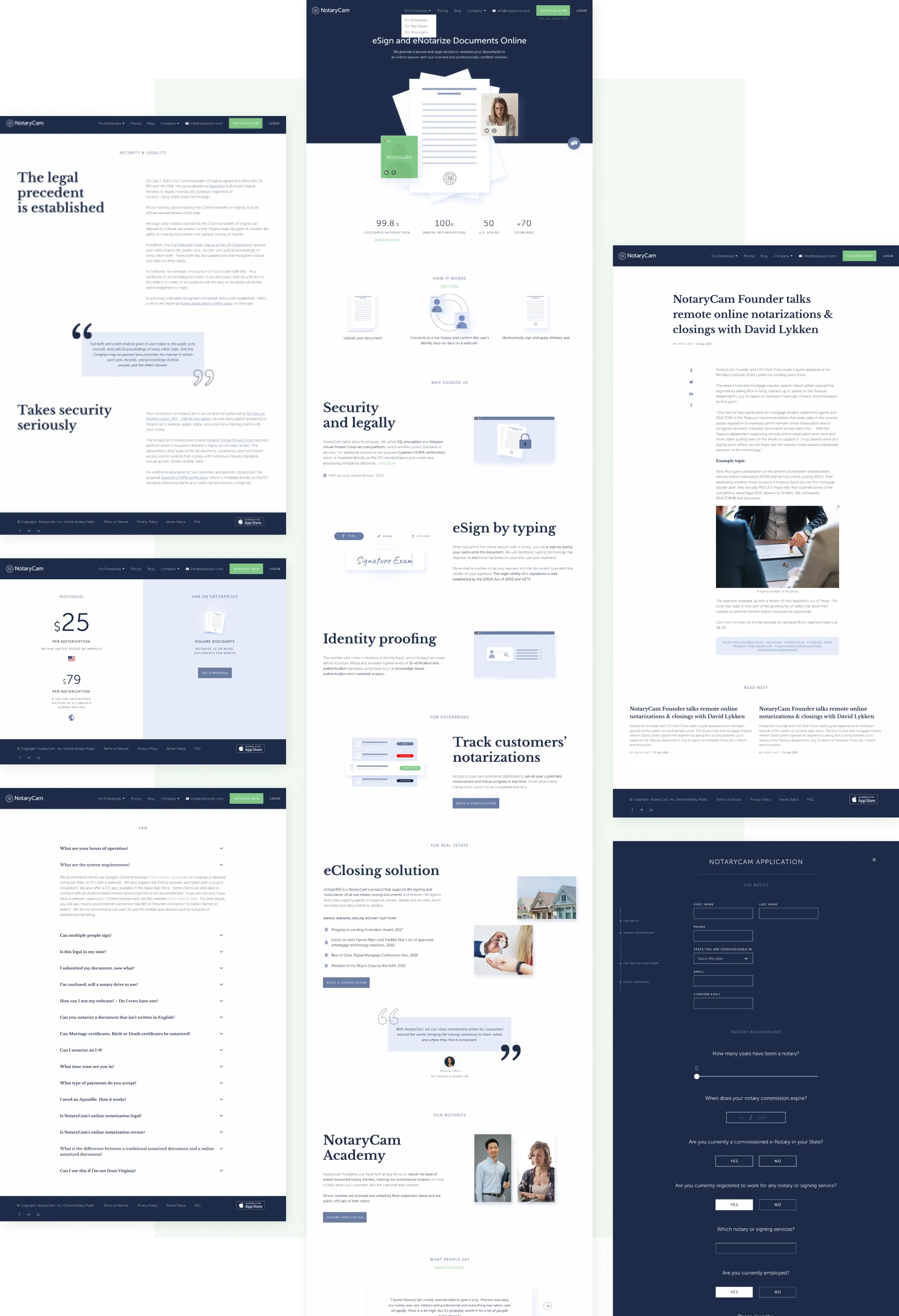 Screenshots of NotaryCam web platform pages showcasing eNotarization features, pricing, articles, and application form.