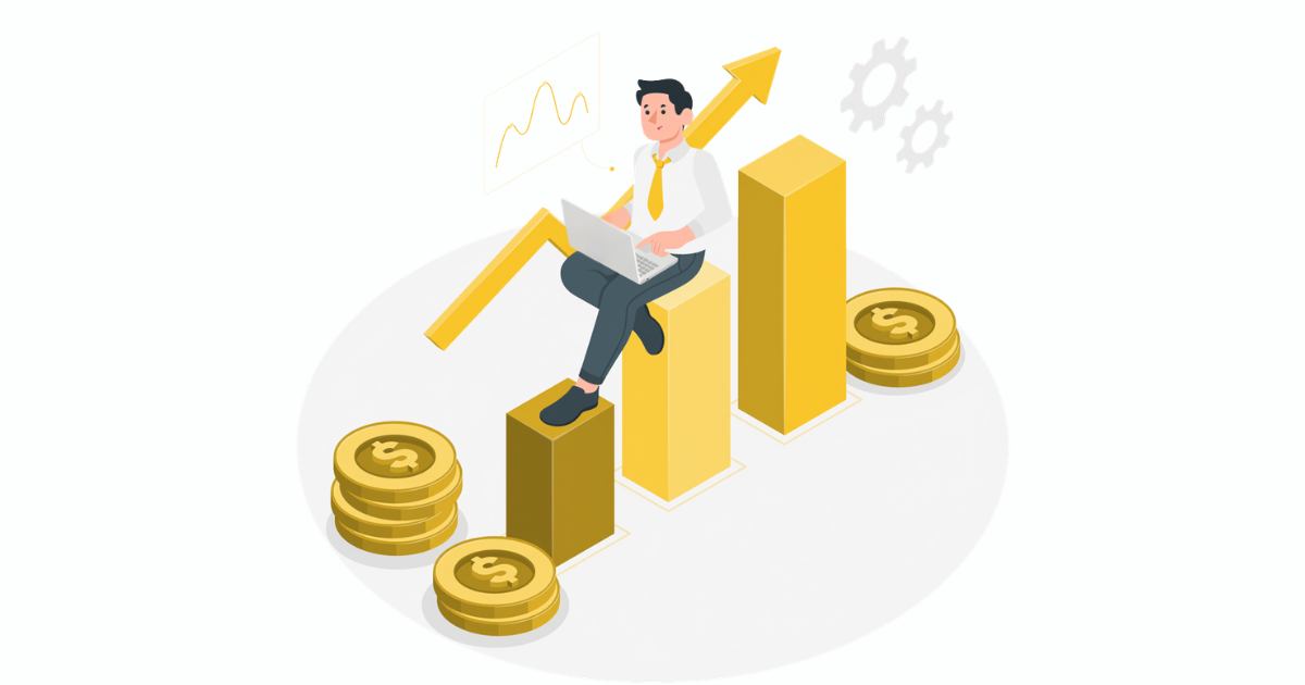Graphique isométrique d'un homme avec un ordinateur sur des graphiques de croissance, symbole de croissance via le cloud.