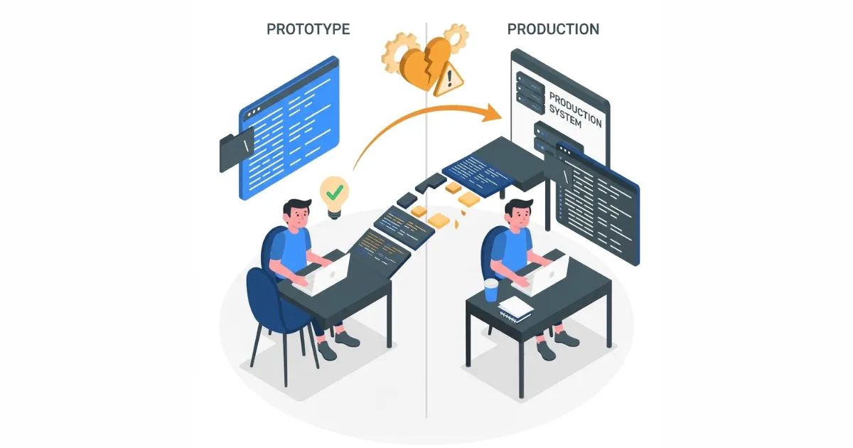 Illustration isométrique comparant le prototype et la production en développement logiciel, avec du code défaillant.