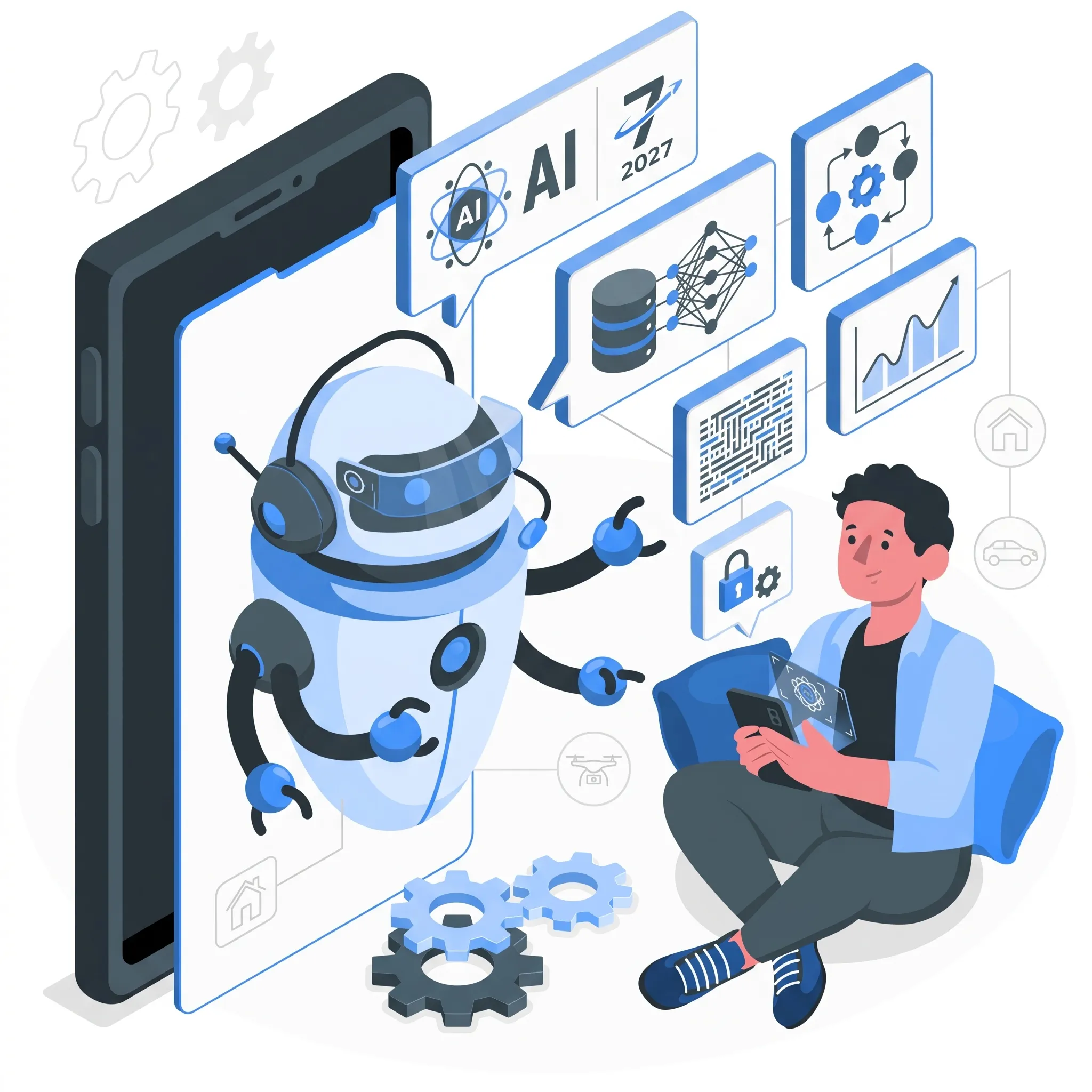 Isometric vector illustration showing a person interacting with an AI robot and various connected technology icons.