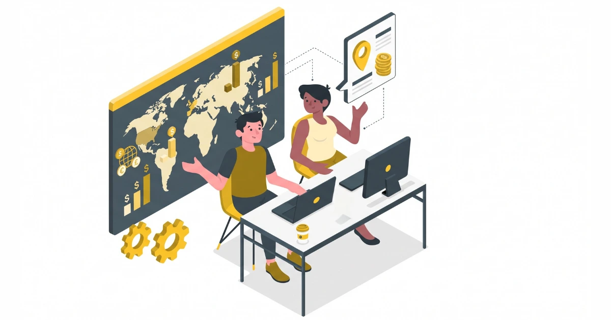Isometric vector illustration of two developers with global map graphs and pricing icons, illustrating hiring costs.