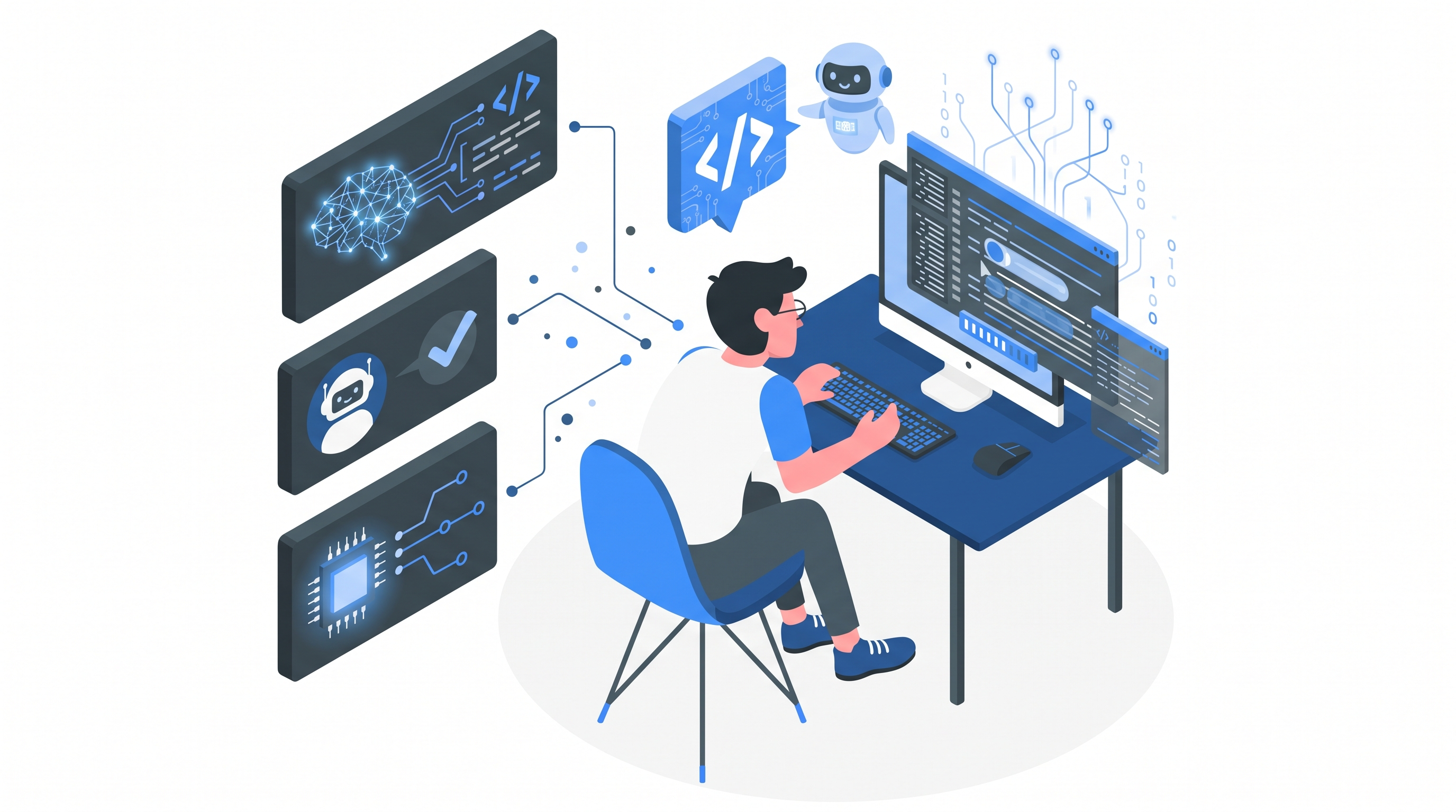 Isometric vector illustration of a programmer working with AI assistant interfaces and digital technology icons.