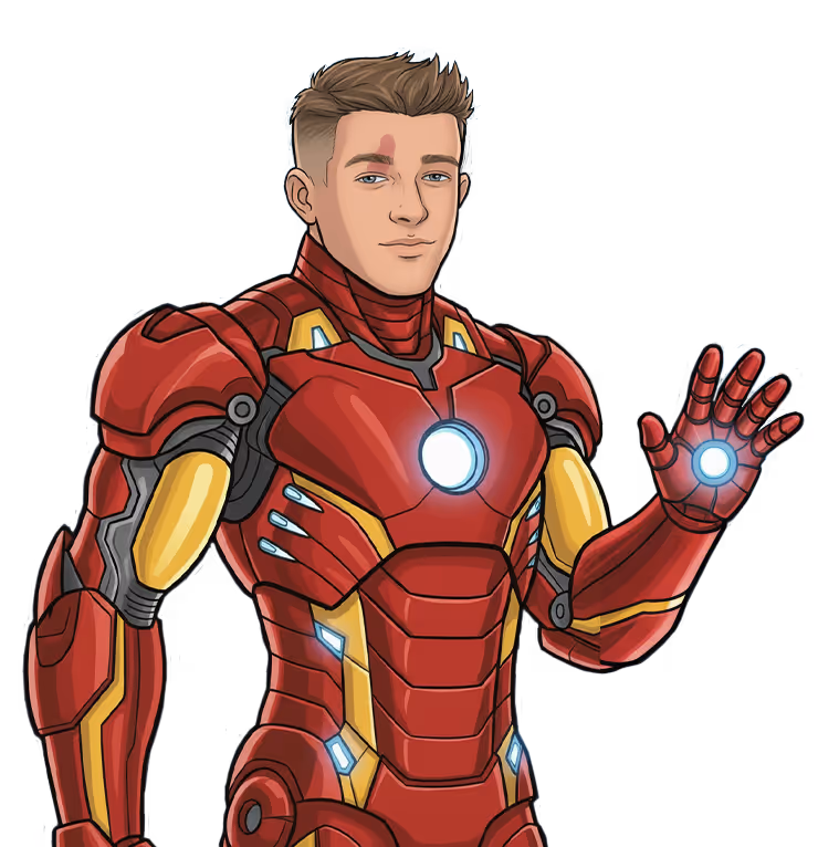 A man in a red Iron Man suit waves with a confident smile.