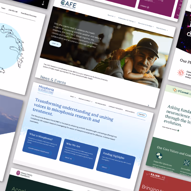 Screenshot of scientific research websites focused on climate, misophonia, and neuroscience topics.