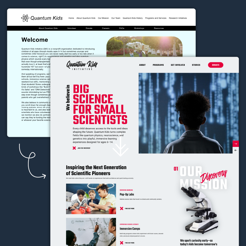 Quantum Kids Initiative webpage showing science programs for children, including labs and immersive camps.