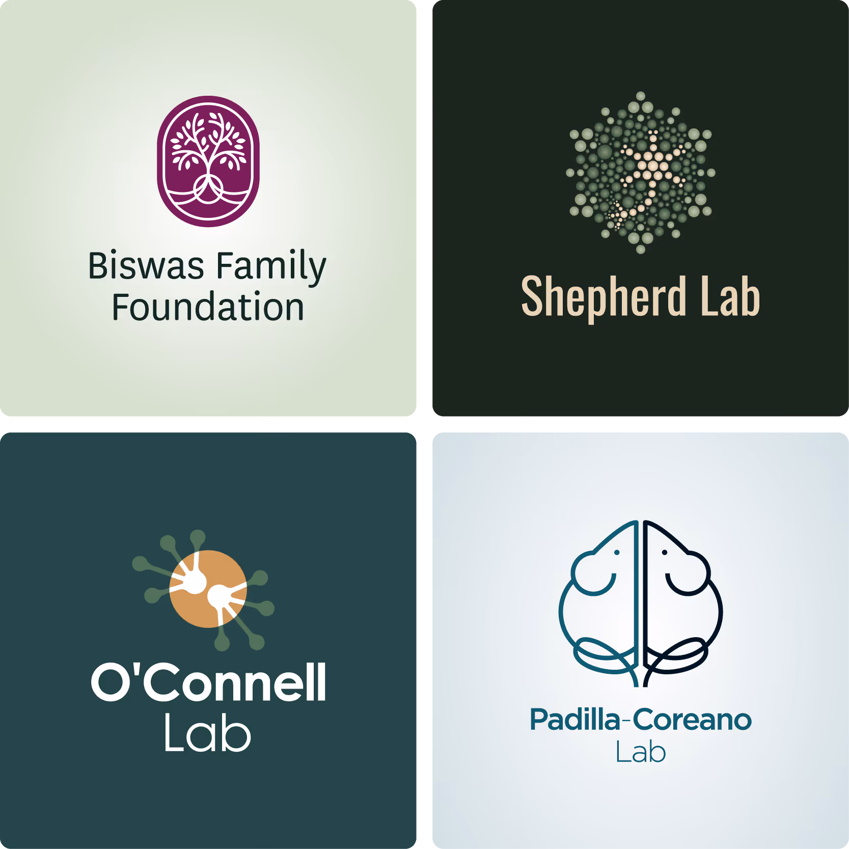 Grid of four logos: Biswas Family Foundation, Shepherd Lab, O'Connell Lab, and Padilla-Coreano Lab.