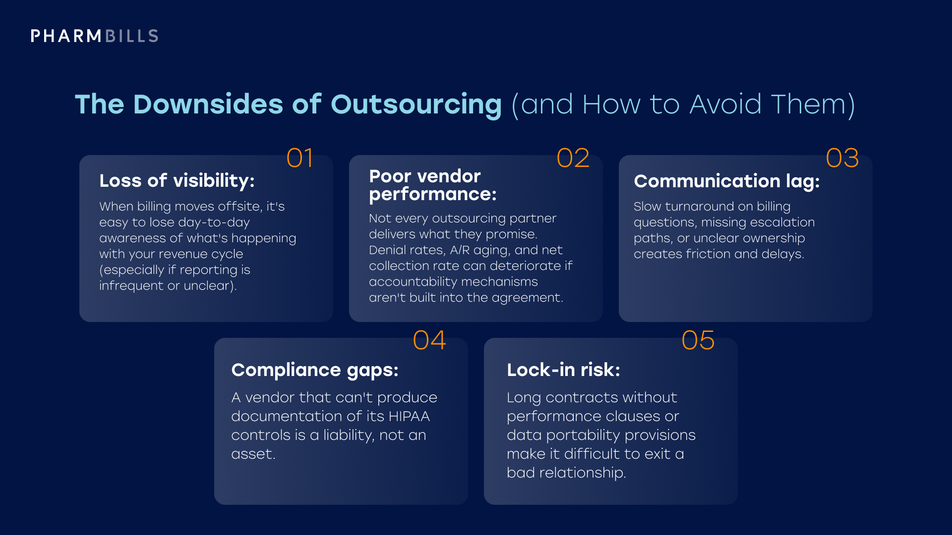 Common risks of outsourcing medical billing including loss of visibility, vendor performance issues, and compliance gaps