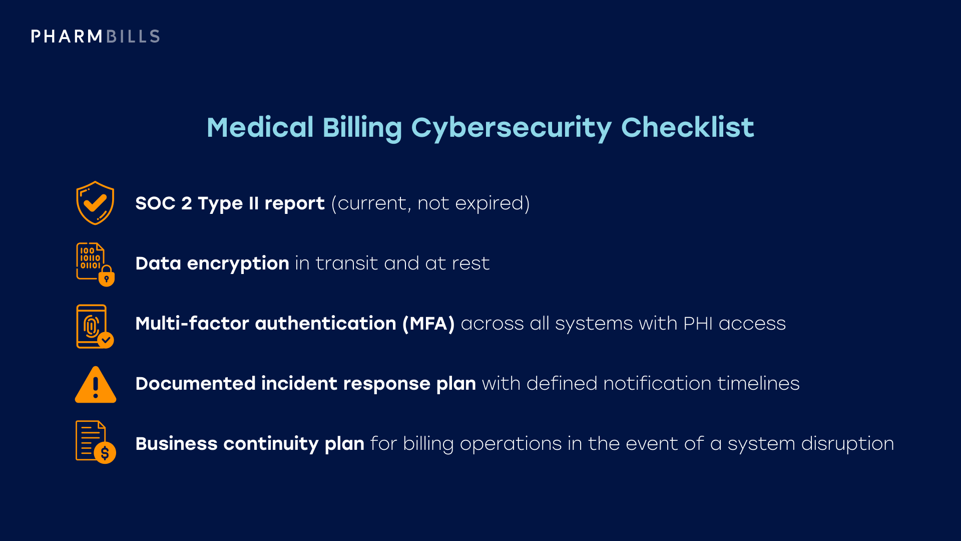 Medical billing cybersecurity checklist including SOC 2, encryption, MFA, incident response, and business continuity