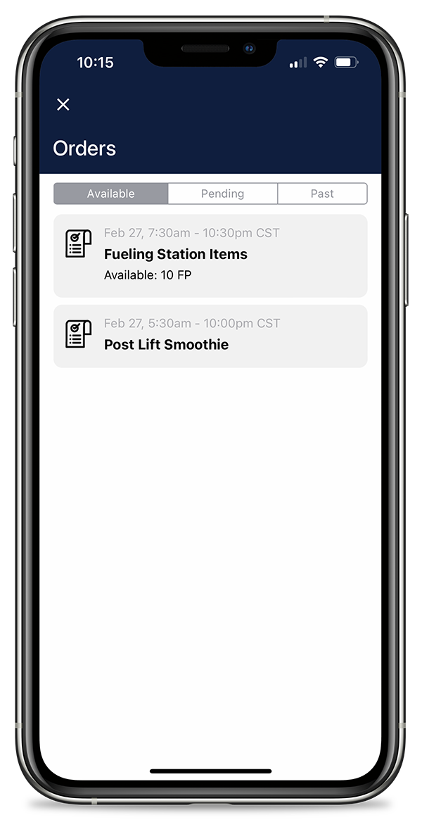 Screenshot showing how an athlete can create a smoothie order with custom ingredients