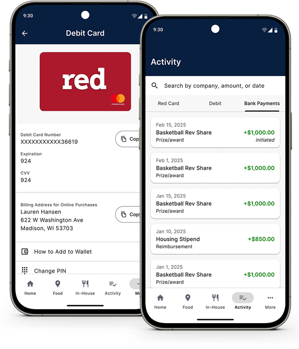 Red Card mobile app Debit and ACH screens