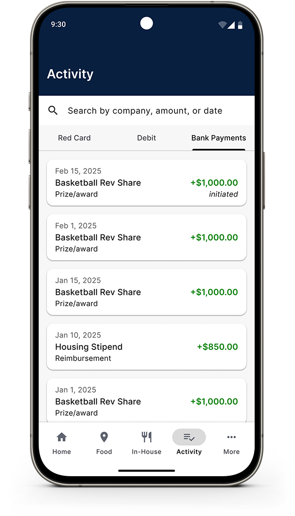 Red Card app ACH bank payments screen