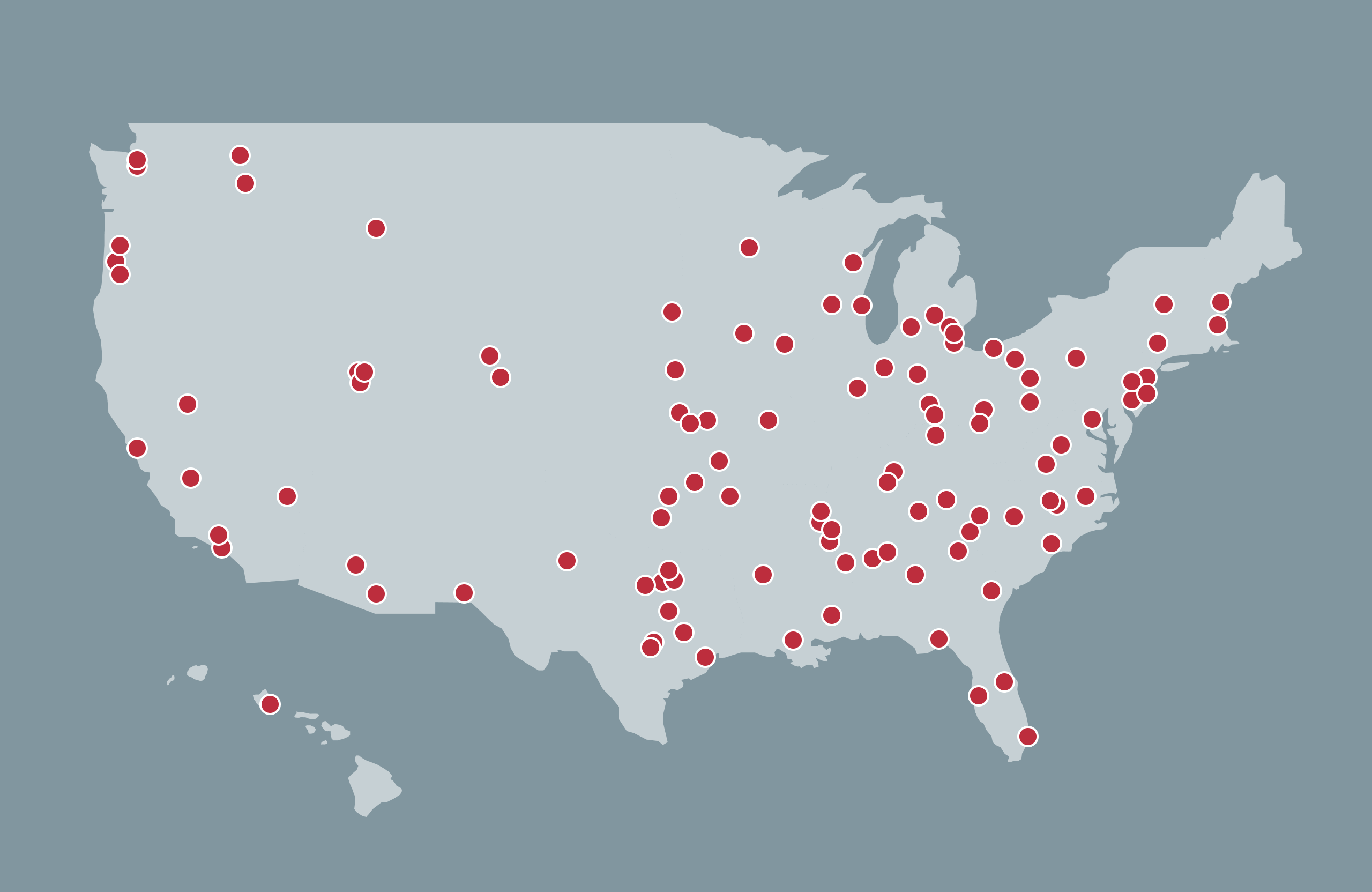 A simple map of the United States with dozens of red dots indicating the location of Red Card clients.