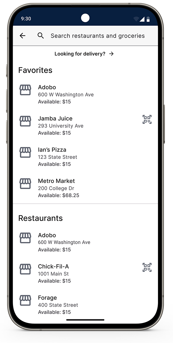 Screenshot of Red Card App showing a list of restaurants