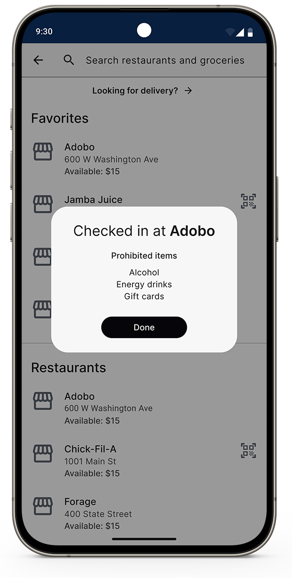 Screenshot of Red Card App showing a confirmation message that says Checked in