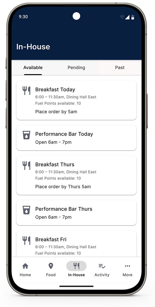 Screenshot of Red Card App In-House screen showing a list of meals to order