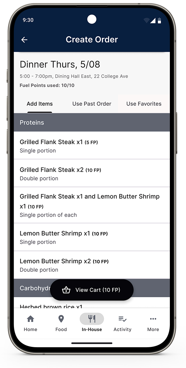 Screenshot of Red Card App showing a dinner menu to order from