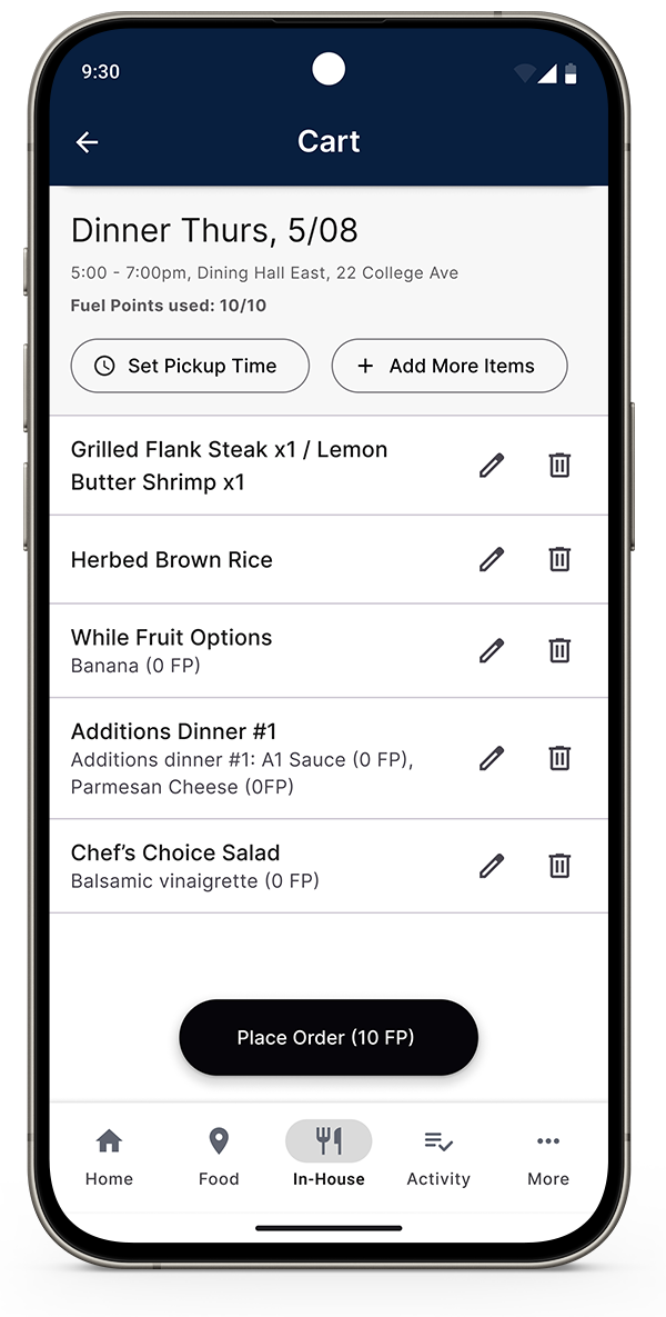 Screenshot of Red Card App showing food options added to a cart for a dinner