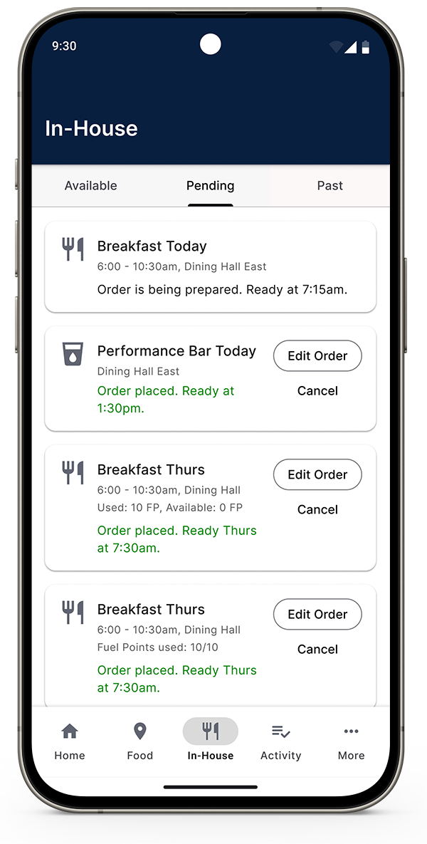 Screenshot of Red Card App In-House screen showing a list of meals indicating that order has been placed and a pickup time
