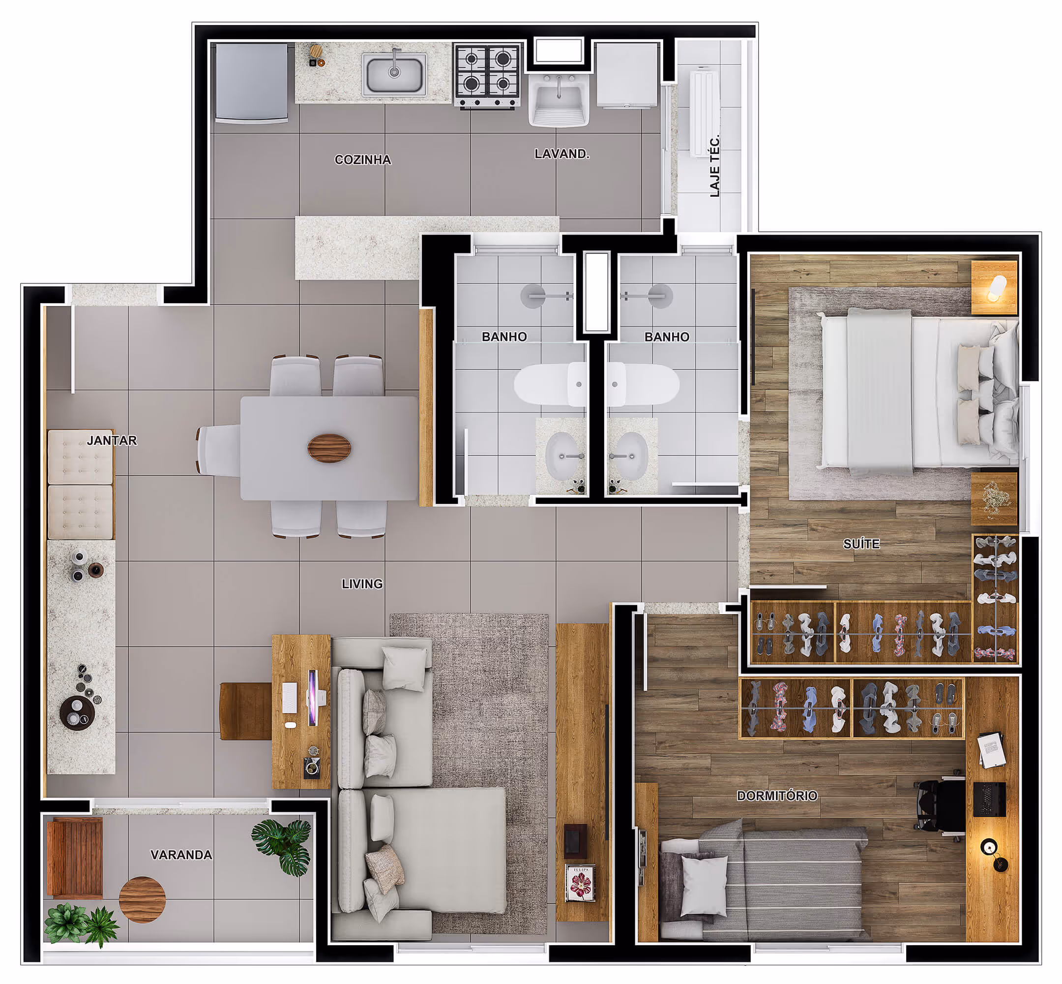Planta 2 dormitórios - 75 m²