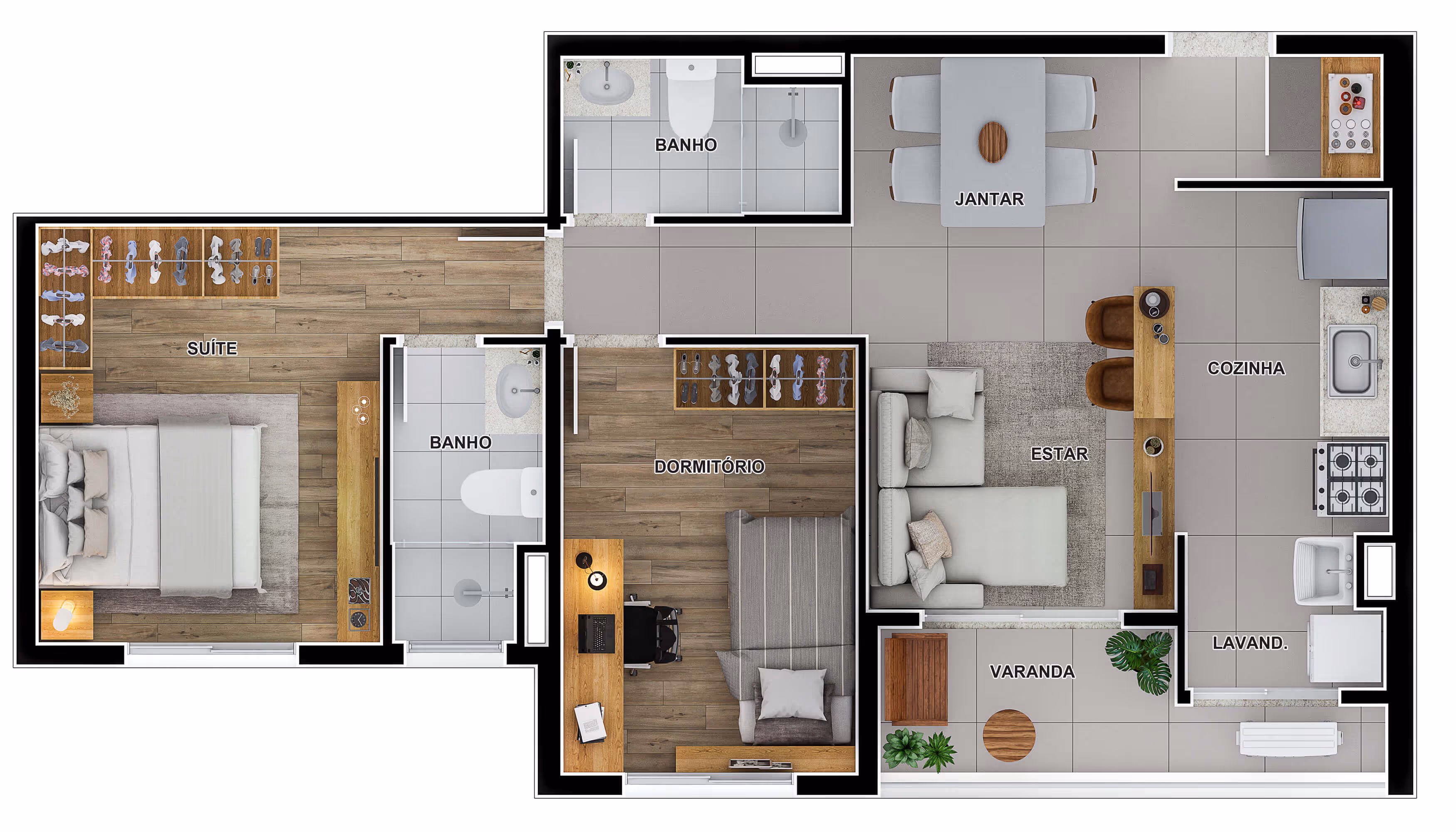 Planta 2 dormitórios - 62 m²