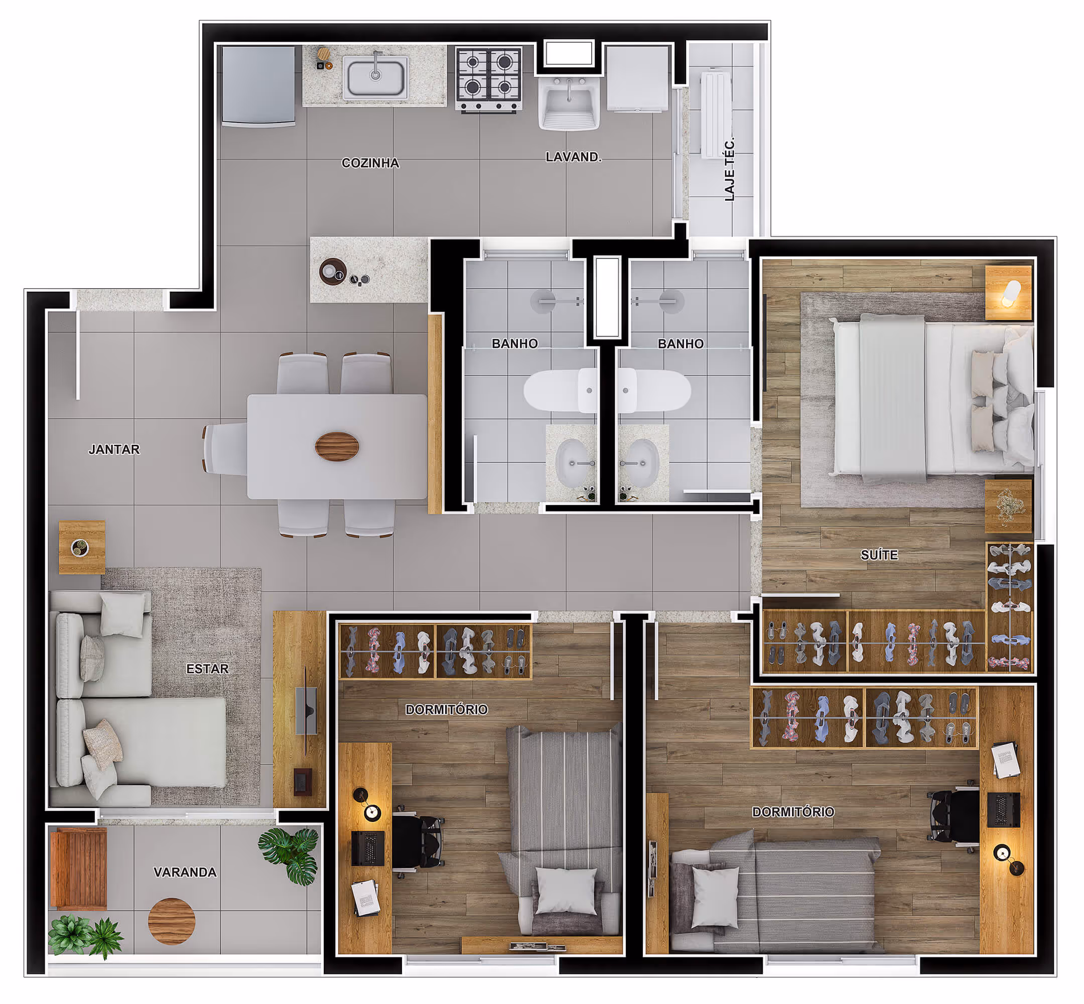Planta 3 dormitórios - 75 m²