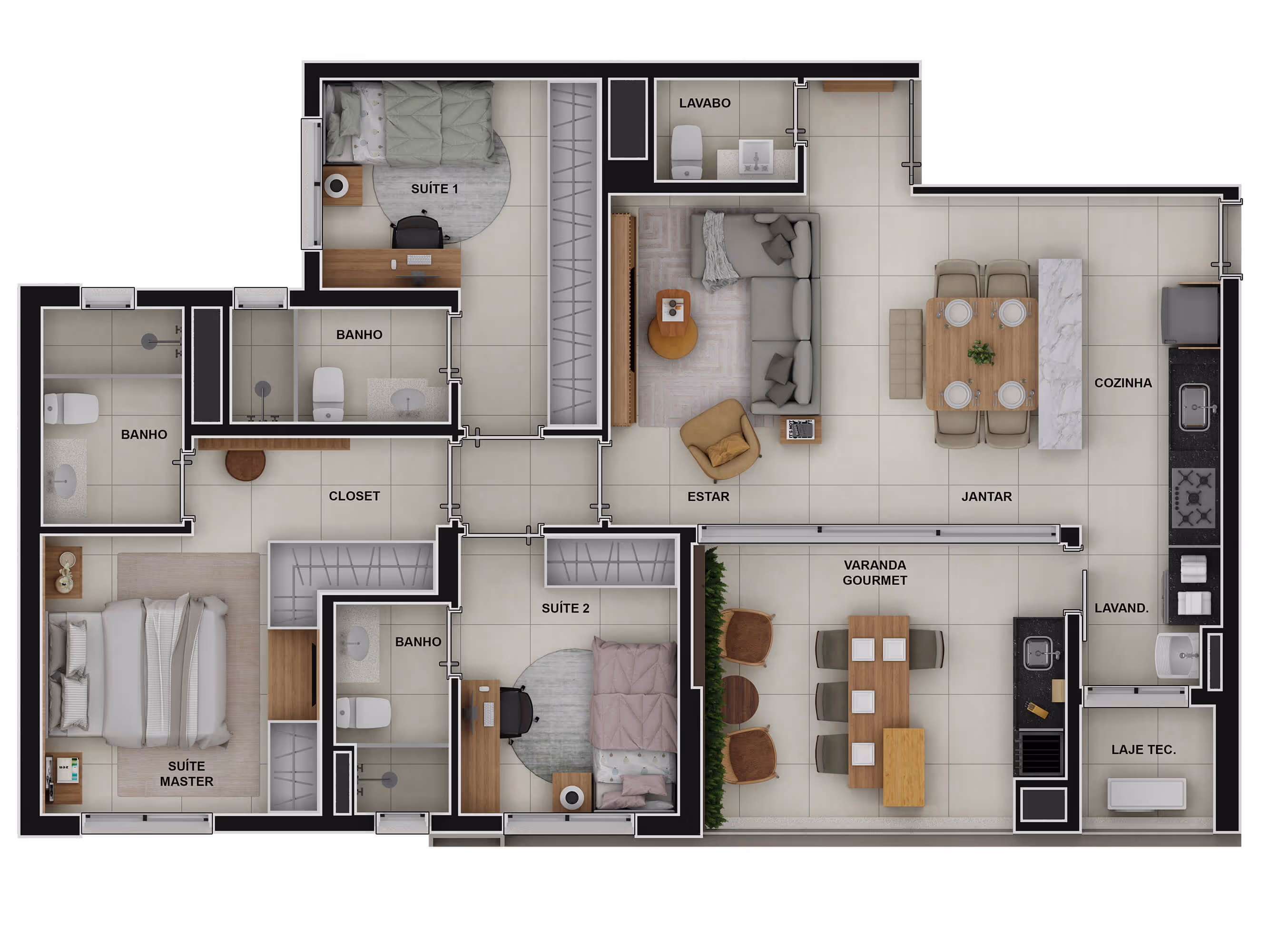 Planta de 3 suítes (living ampliado)