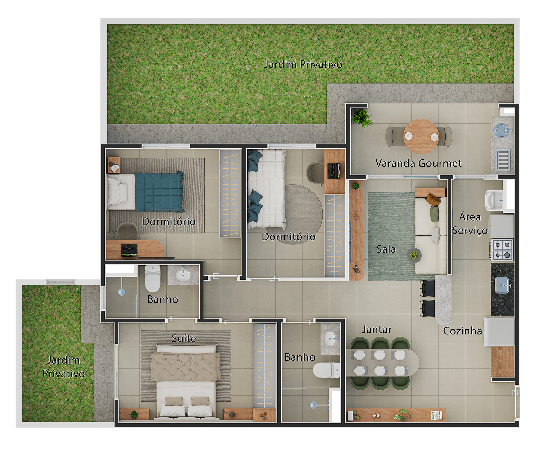 Planta do apto. garden de 3 dorms. (1 suíte)