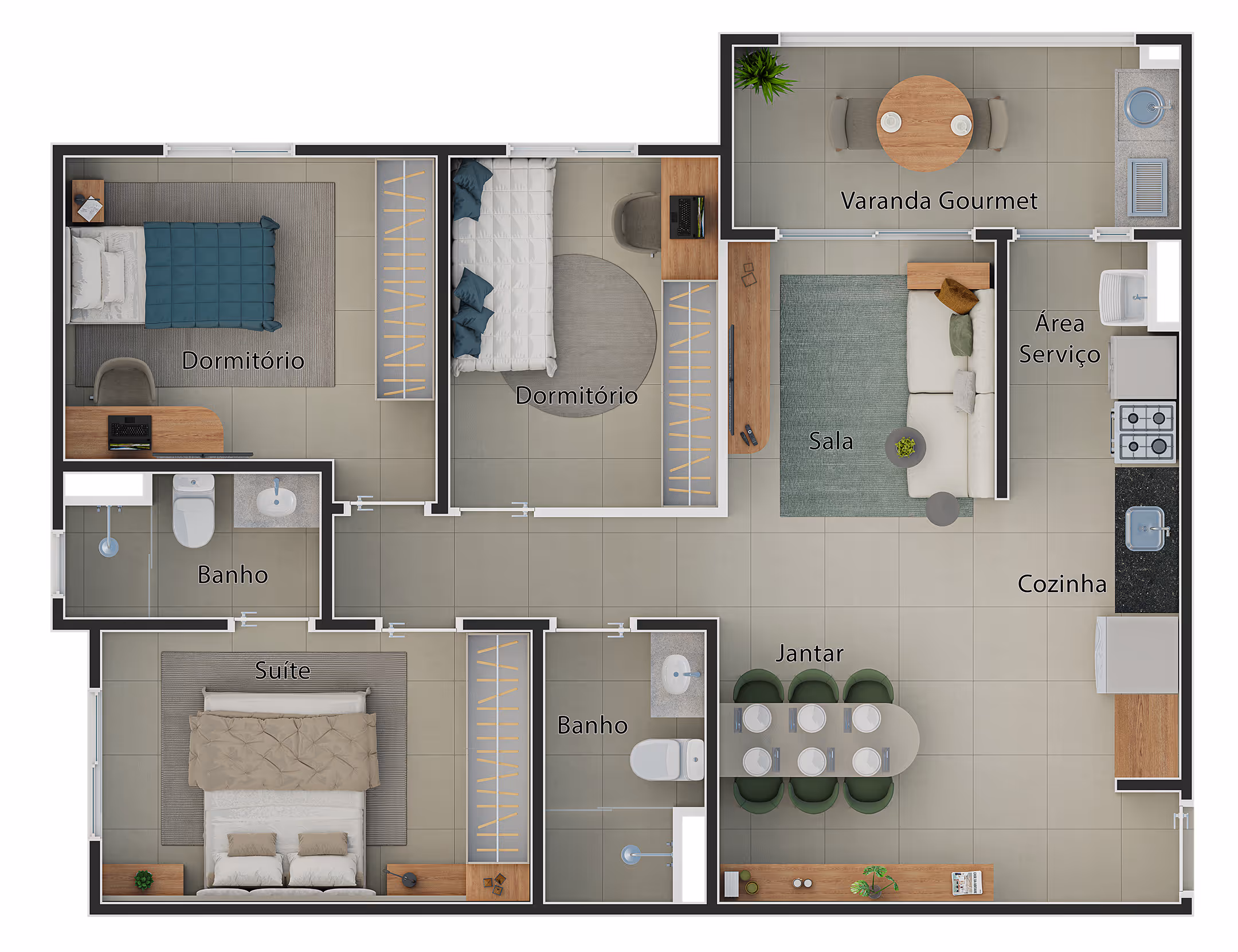 Planta do apto. de 3 dorms. (1 suíte)