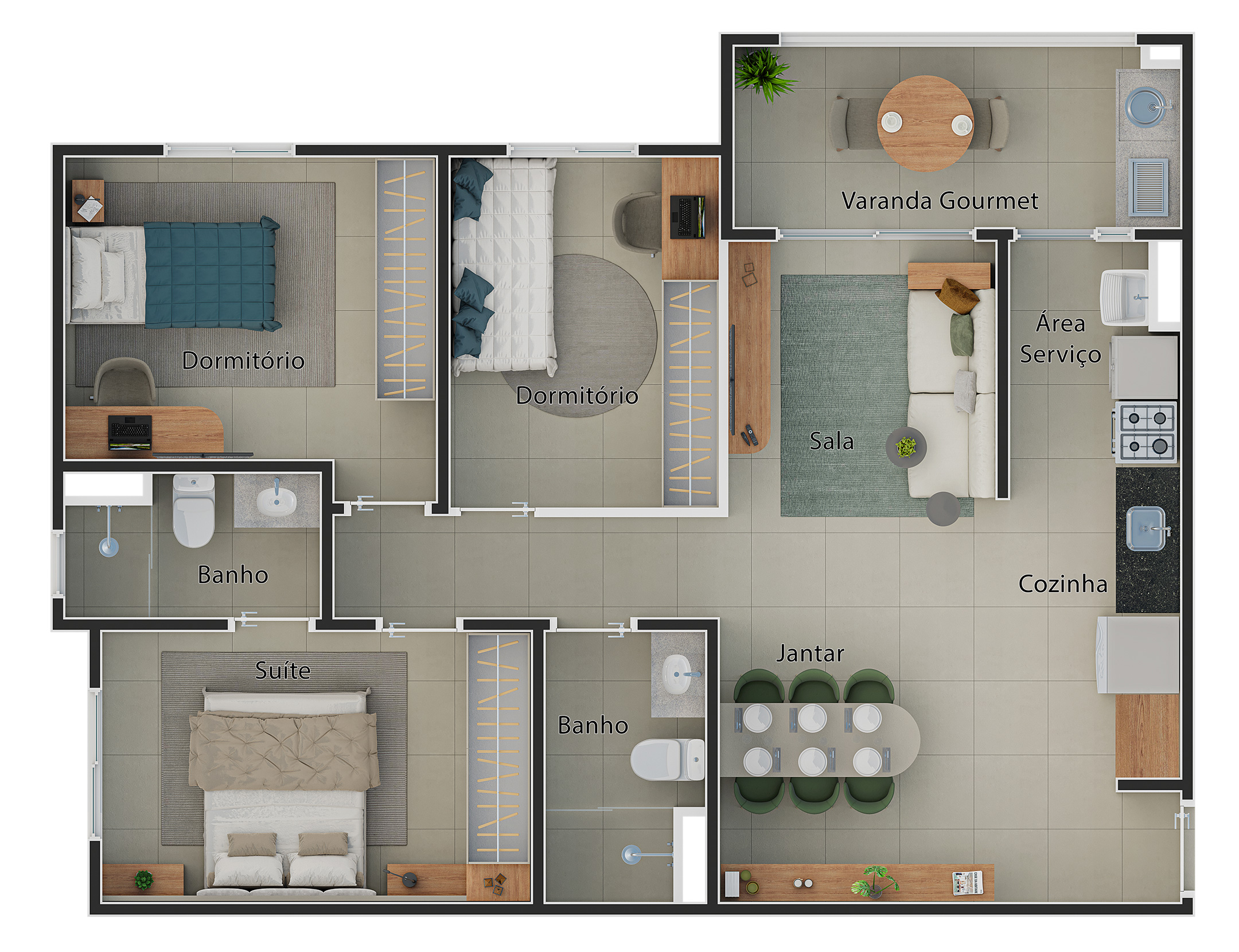 Planta do apto. de 3 dorms. (1 suíte)
