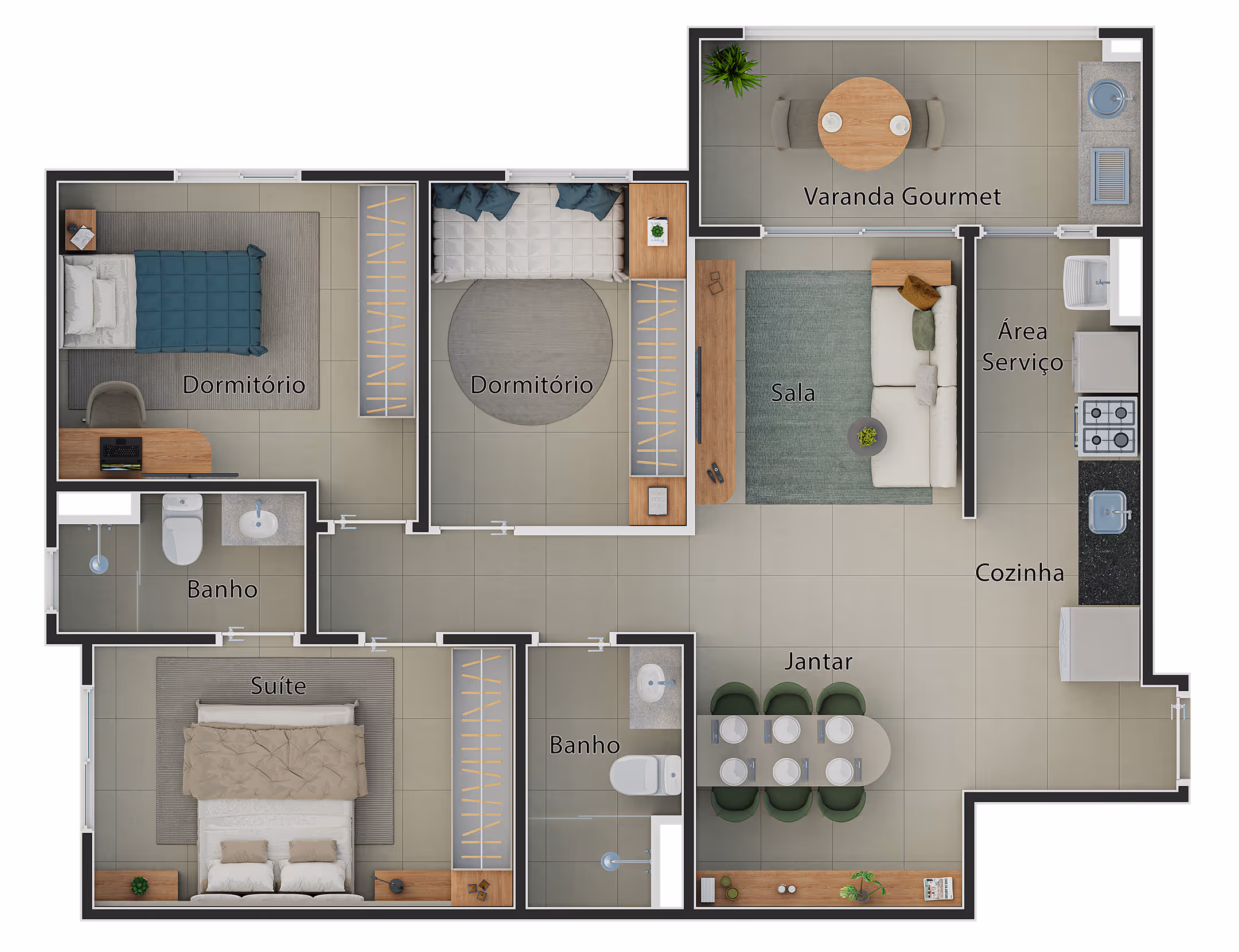 Planta do apto. de 3 dorms. (1 suíte)