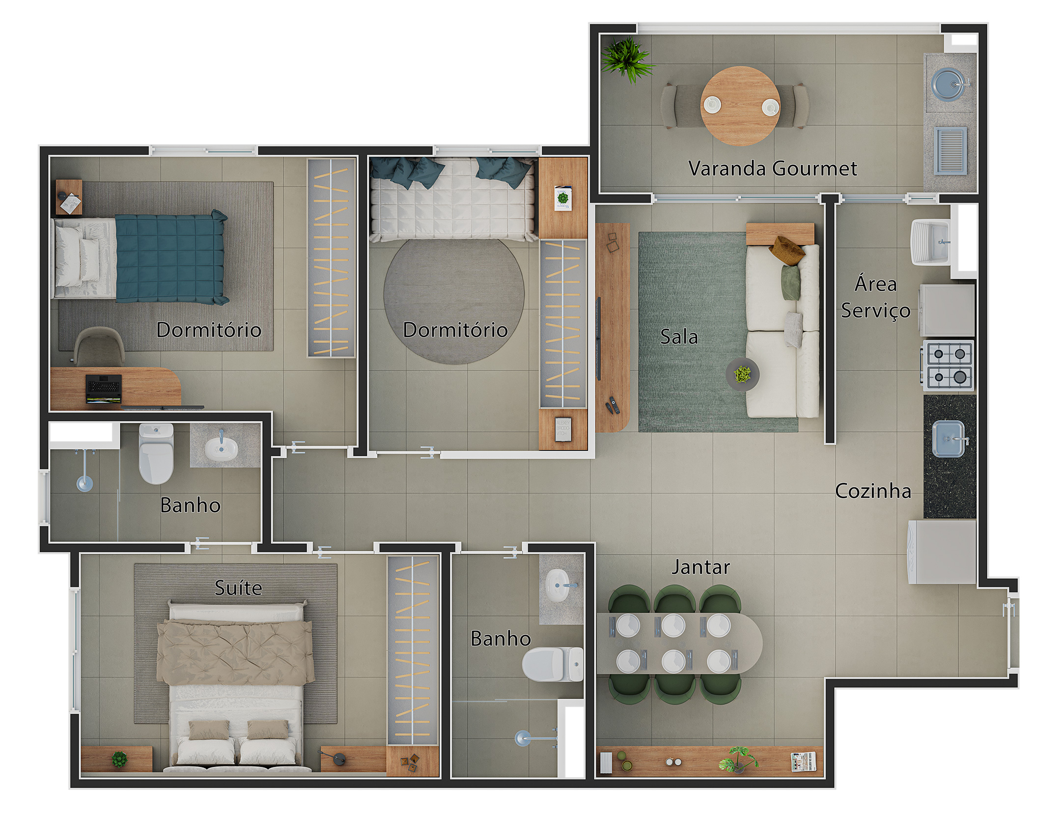 Planta do apto. de 3 dorms. (1 suíte)