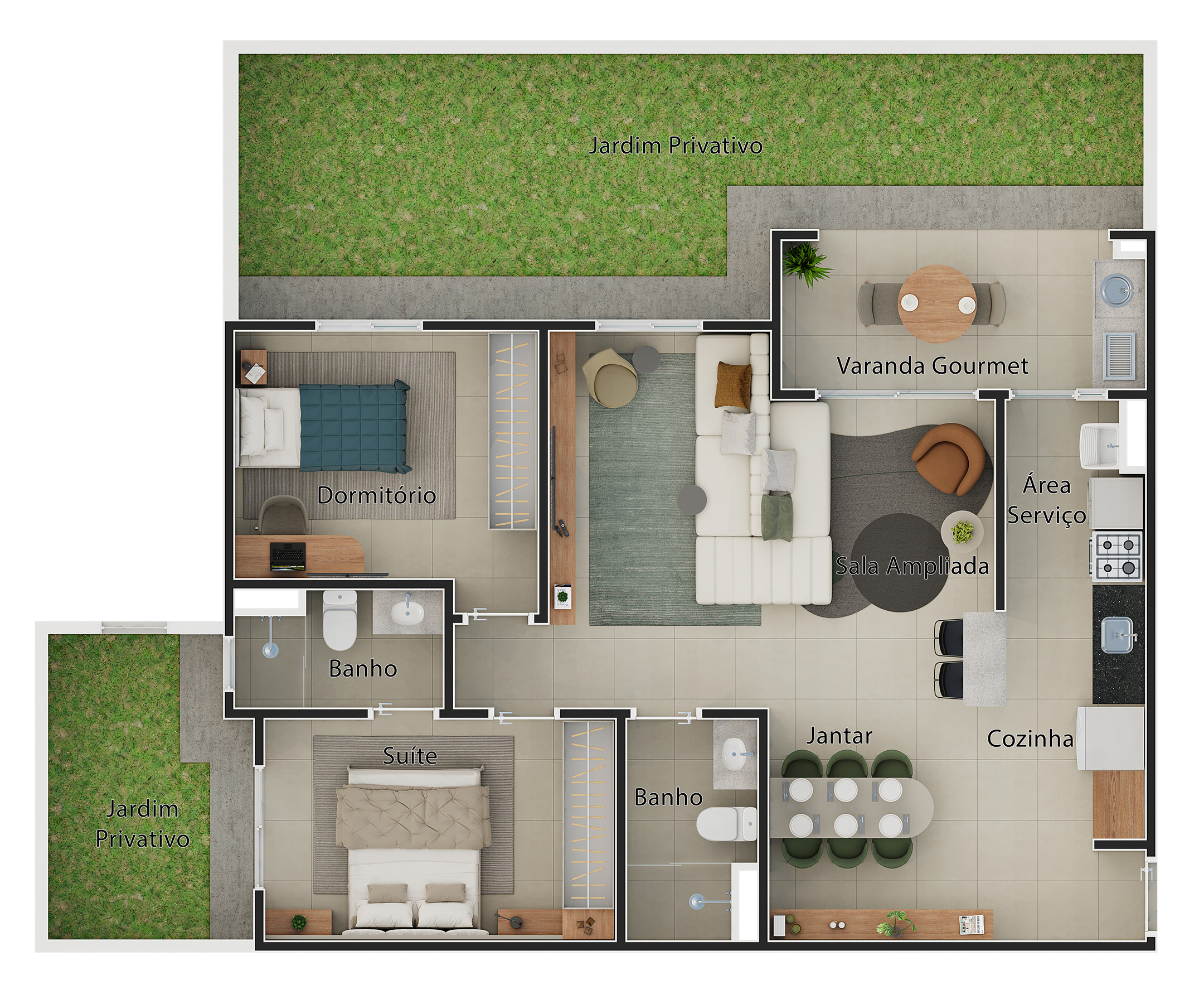 Planta do apto. garden de 2 dorms. (1 suíte)