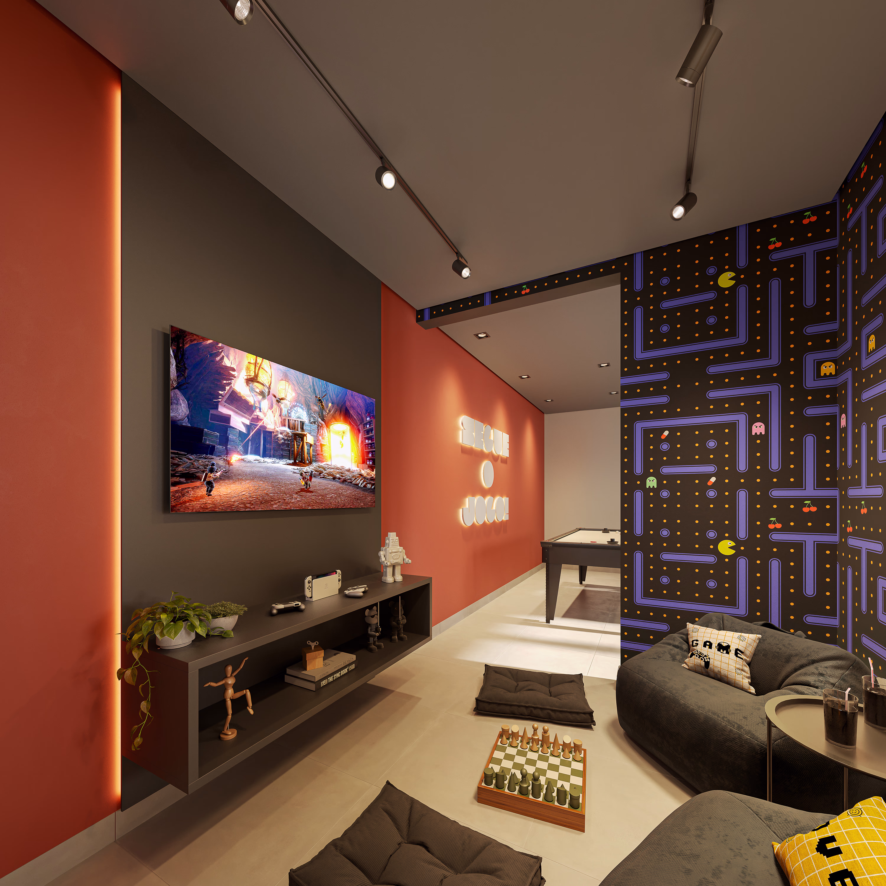 Perspectiva ilustrada do salão de jogos