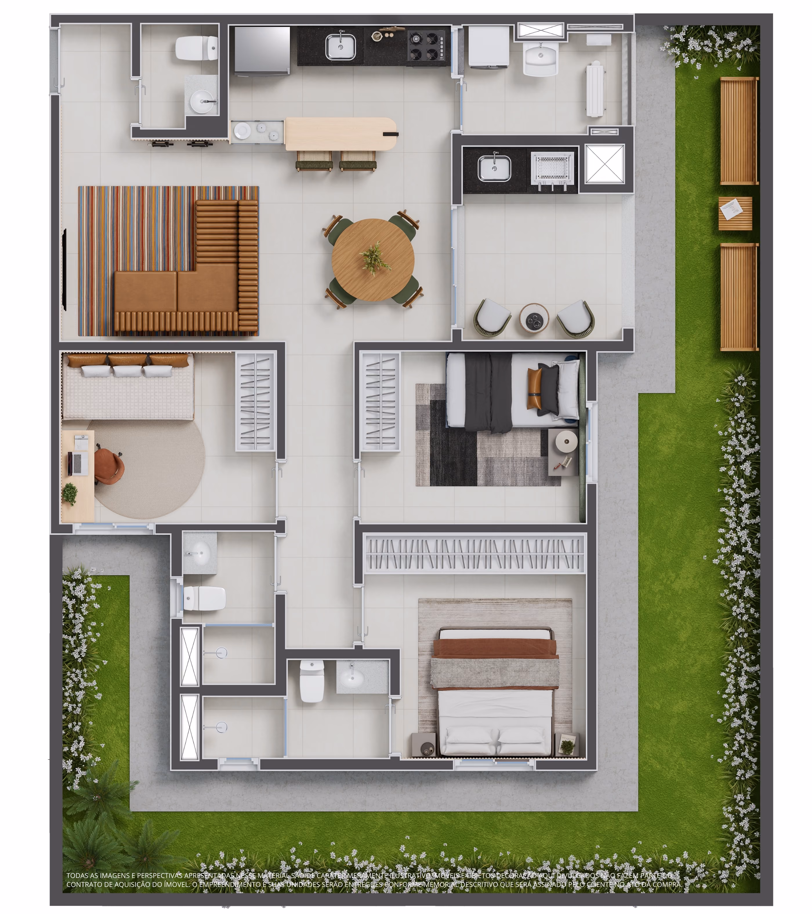 Planta apto. garden de 3 dorms. (1 suíte) c/ 140,71m²