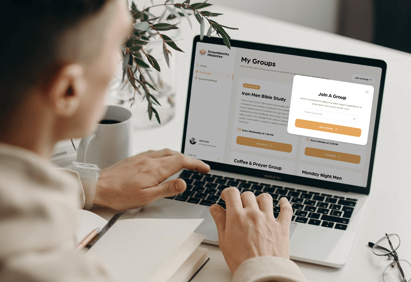 A laptop displaying different groups a user is able to join