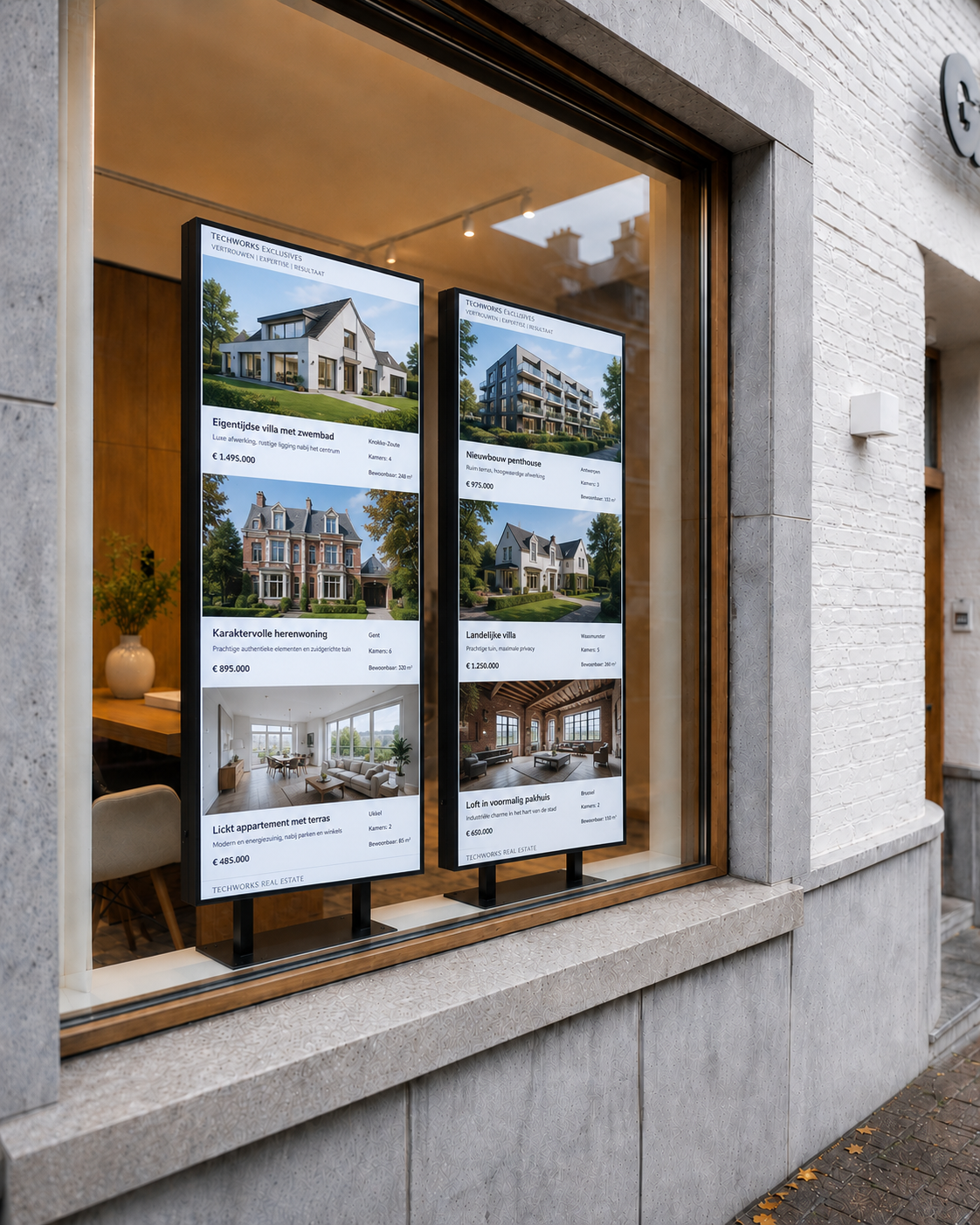 Digital signage software in de etalage van een vastgoedkantoor, geïnstalleerd door TechWorks