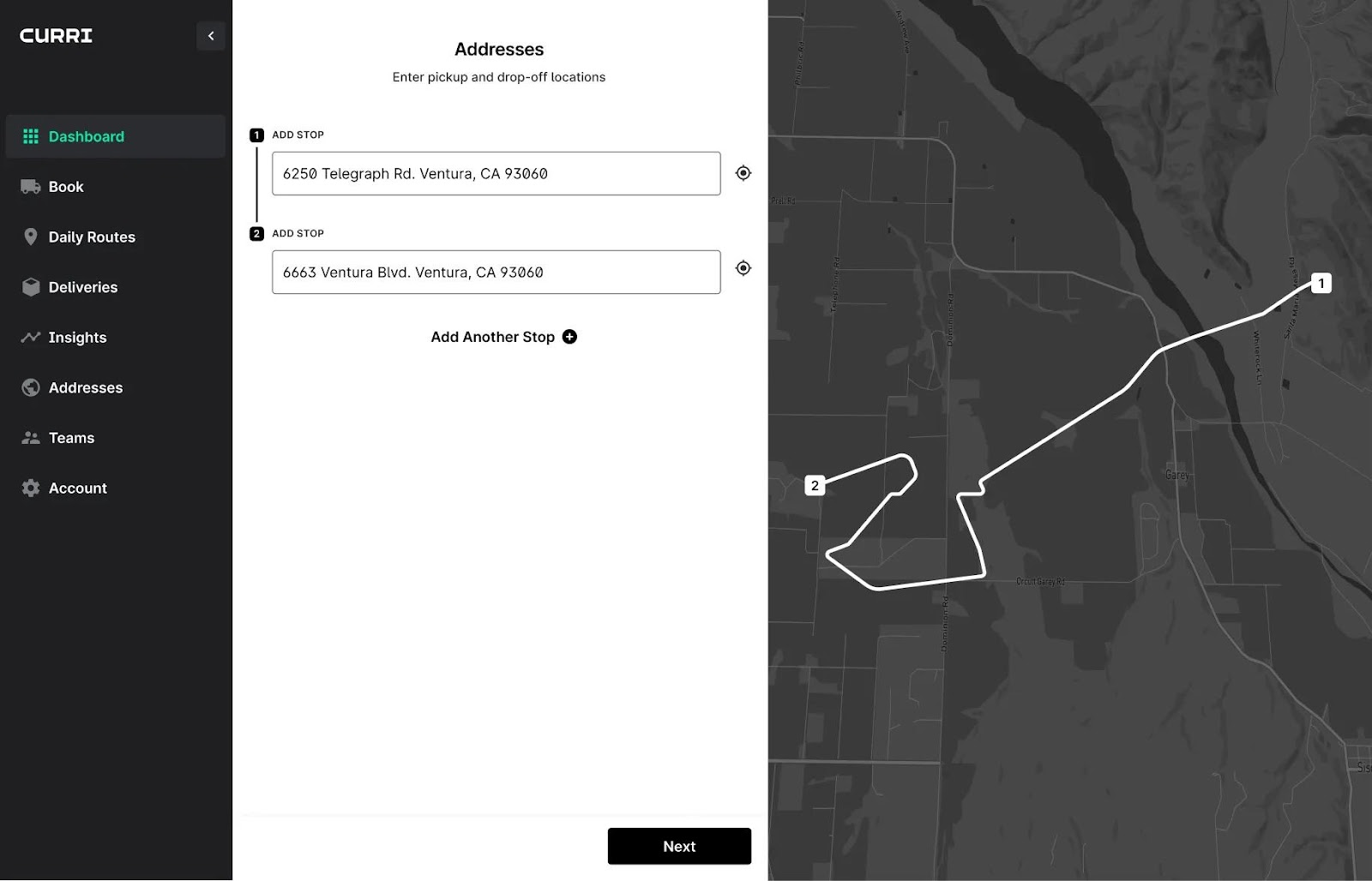 Screenshot of the Curri app showing the address entry and route planning screen. Users can add multiple stops with addresses, displayed on the left, while the map on the right outlines the delivery route. 