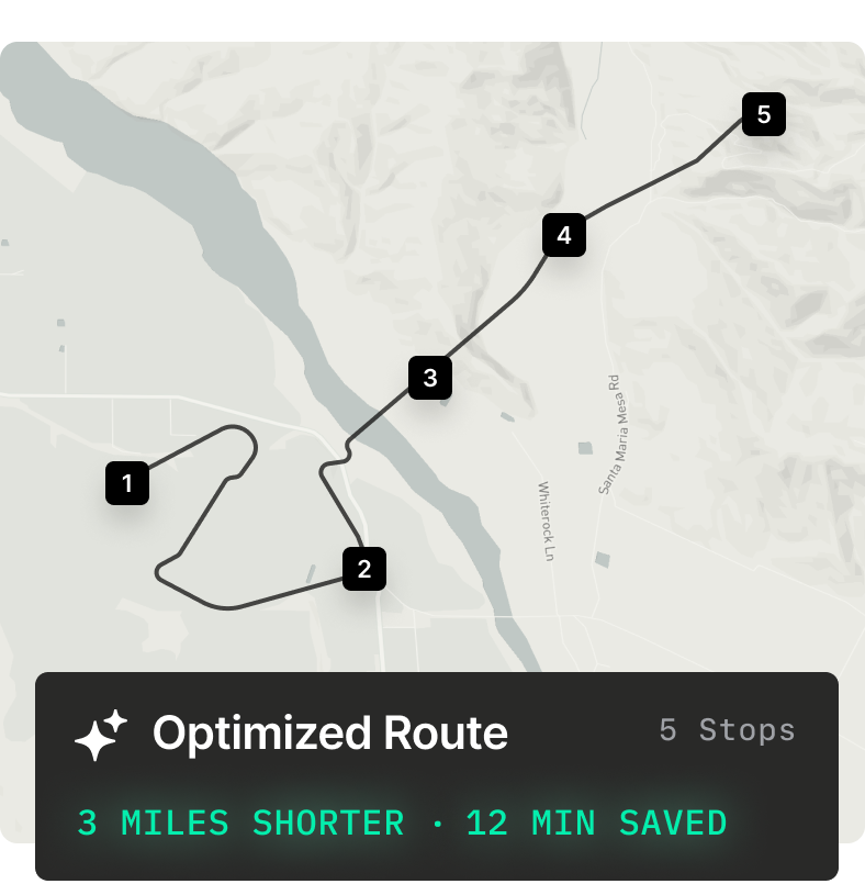 Map showing Curri's optimized delivery route with five stops, saving 3 miles and 12 minutes.