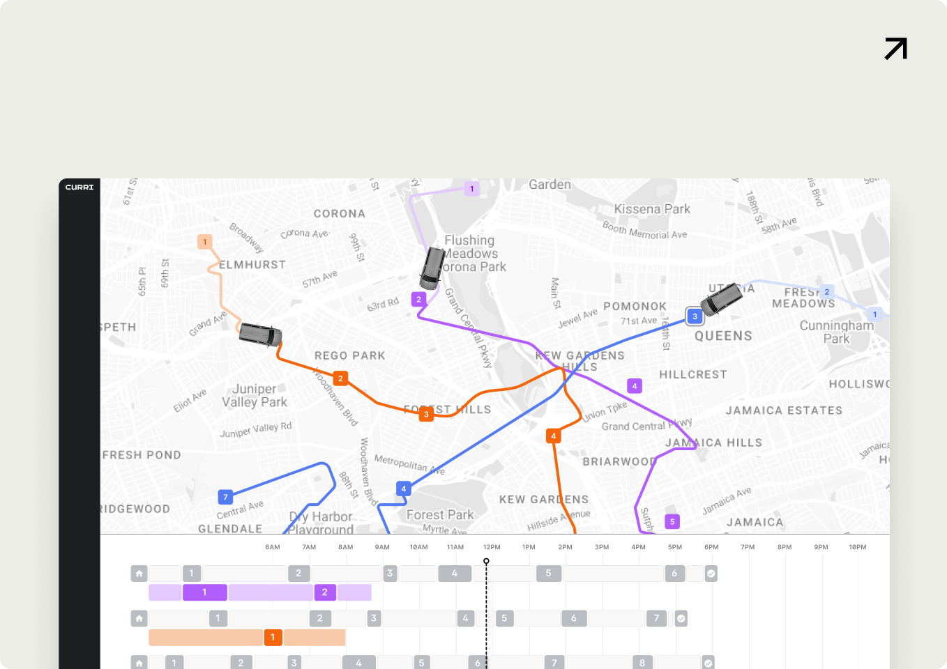 A map showing live tracking of delivery routes in different colors, with vehicles marked along the routes, accompanied by a timeline below indicating the progress of each delivery.