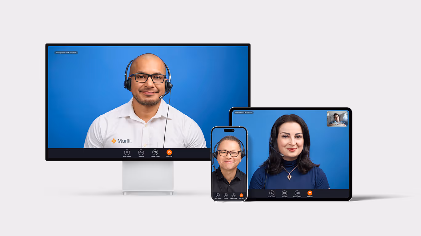 Medical interpreters shown on desktop, iPad, and iPhone