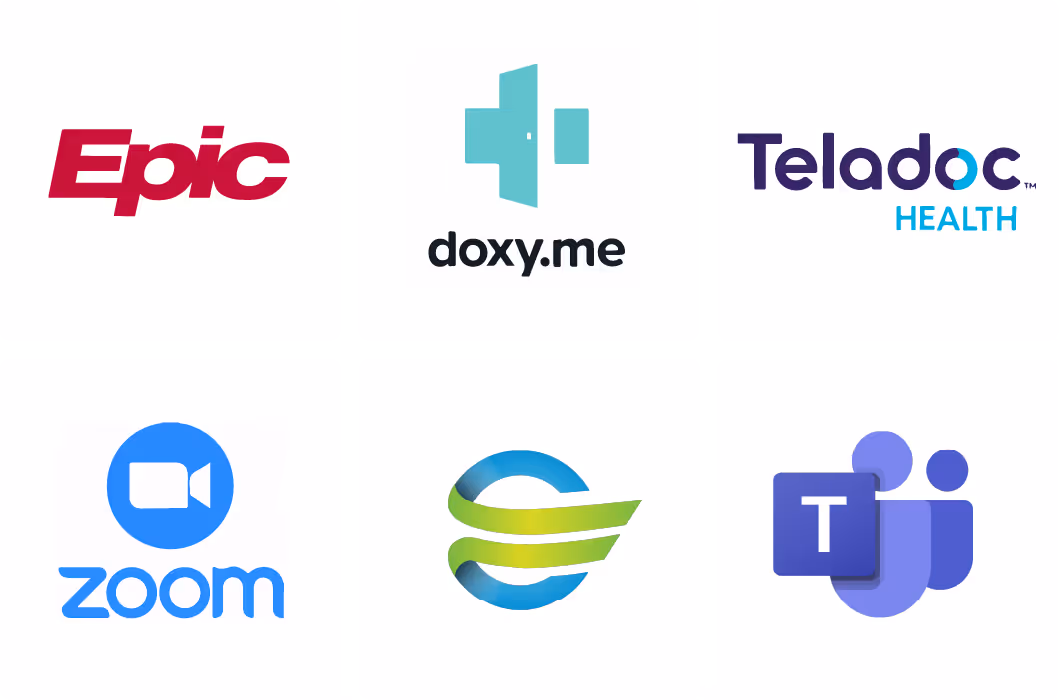 Grid showing the logos for Epic, Doxy.me, Teladoc Health, Zoom, Oracle Cerner, and Microsoft Teams