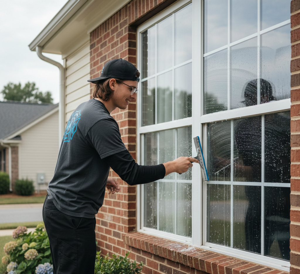 Professional residential window cleaning in Norfolk, NE showing the removal of hard water stains from a double hung window.