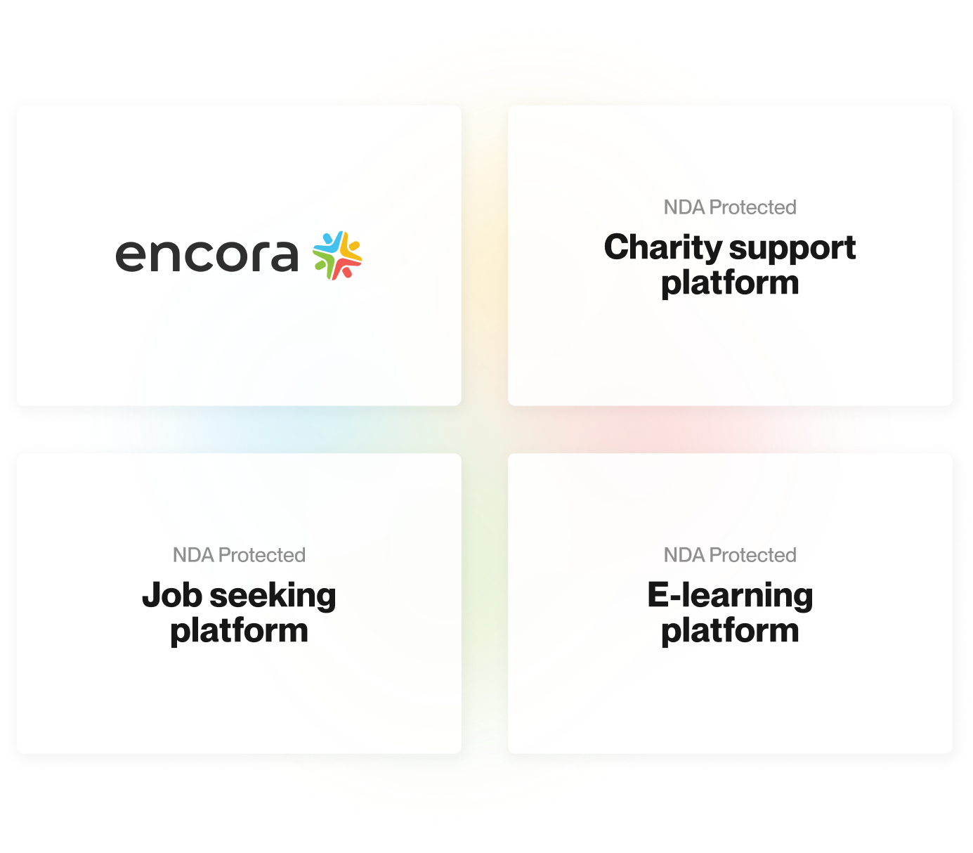 Encora internal projects protected by NDA: charity support platform, job seeking platform & e-learning platform.