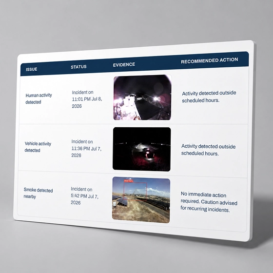 A security-monitoring dashboard lists detected human activity, vehicle activity, and nearby smoke, with incident times, evidence images, and recommended actions.