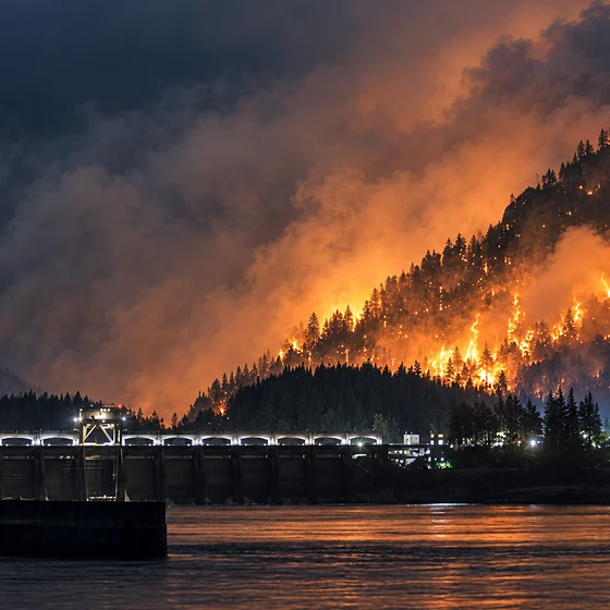 A wildfire blazes across a forested hillside at night, sending thick smoke into the sky above a lit dam and river; the scene feels urgent and ominous.