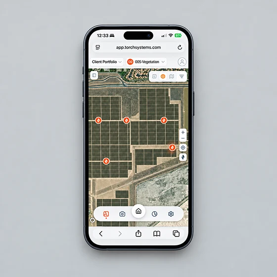 A smartphone displays a satellite map of rectangular agricultural fields with orange location markers and map controls, suggesting a practical, data-focused farm management tool.