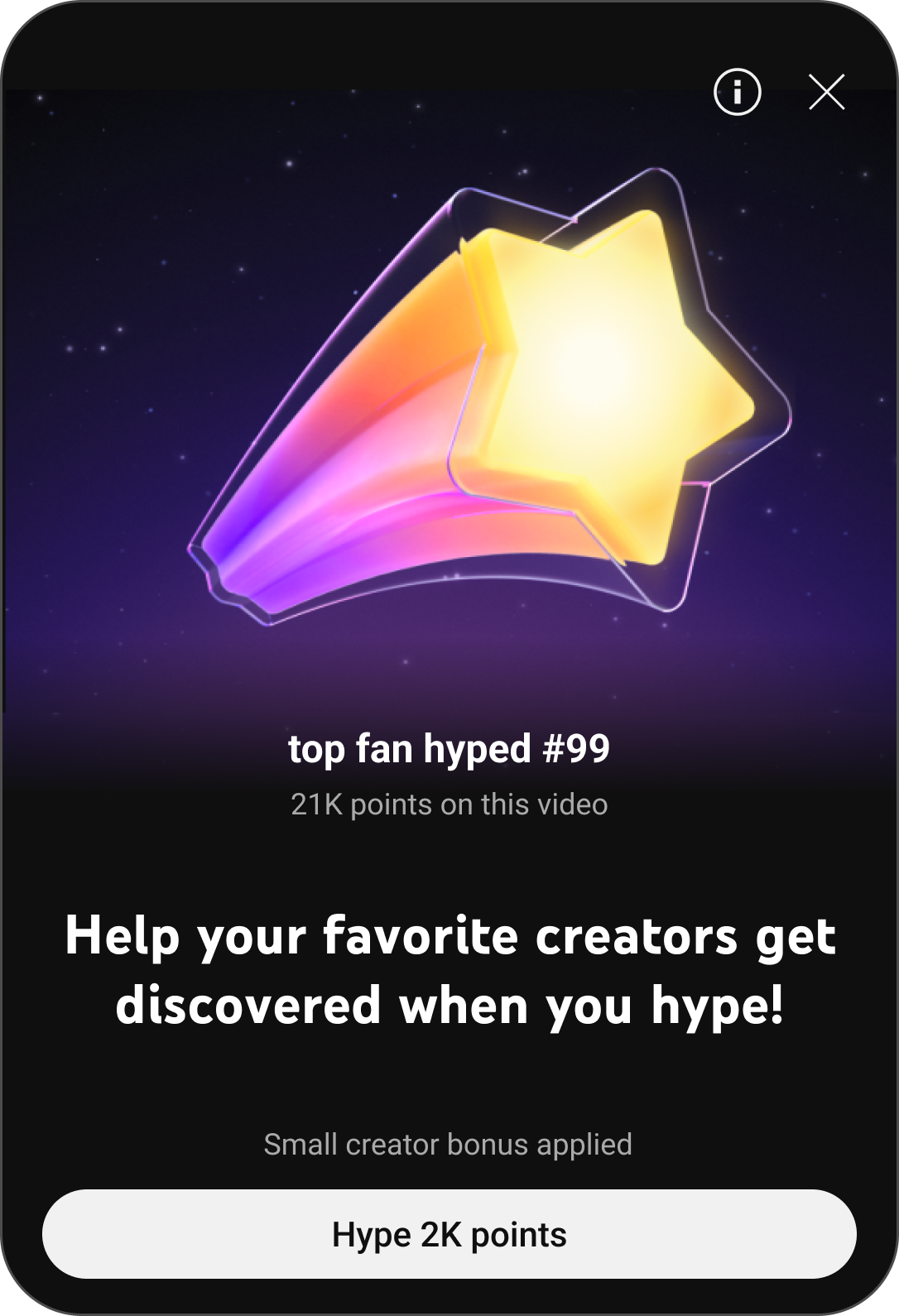 Glowing yellow star shooting across a starry sky with text showing top fan hyped #99 and a button to hype 2K points.