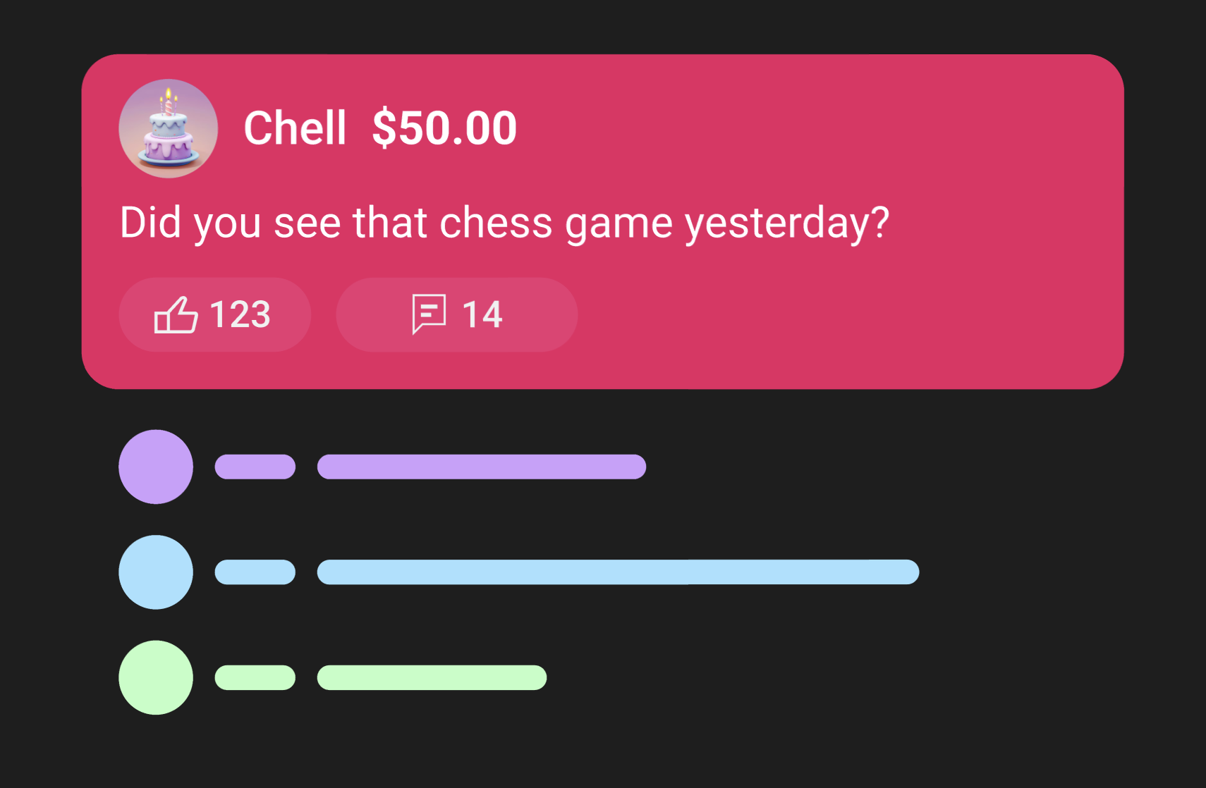 A Super chat from Chell saying 'Did you see that chess game yesterday?' with 123 likes and 14 replies, below are placeholder illustrative lines of user replies