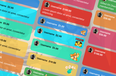 Colorful illustratively arranged super chats and super stickers with usernames, dollar amounts, and small cartoon animations.