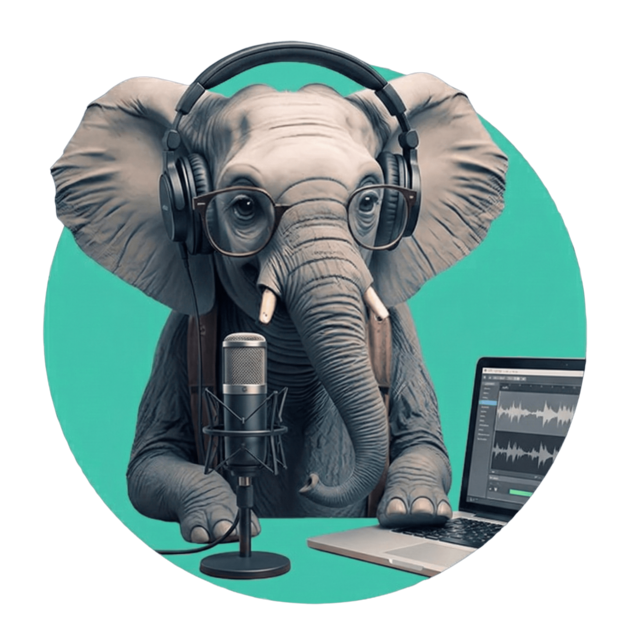 Digital elephant poses with notebook